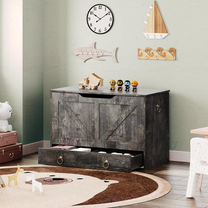 HOOBRO 39.3-inch Wooden Toy Box Storage Box with Drawers & Safety Hinges & U-Shaped Opening