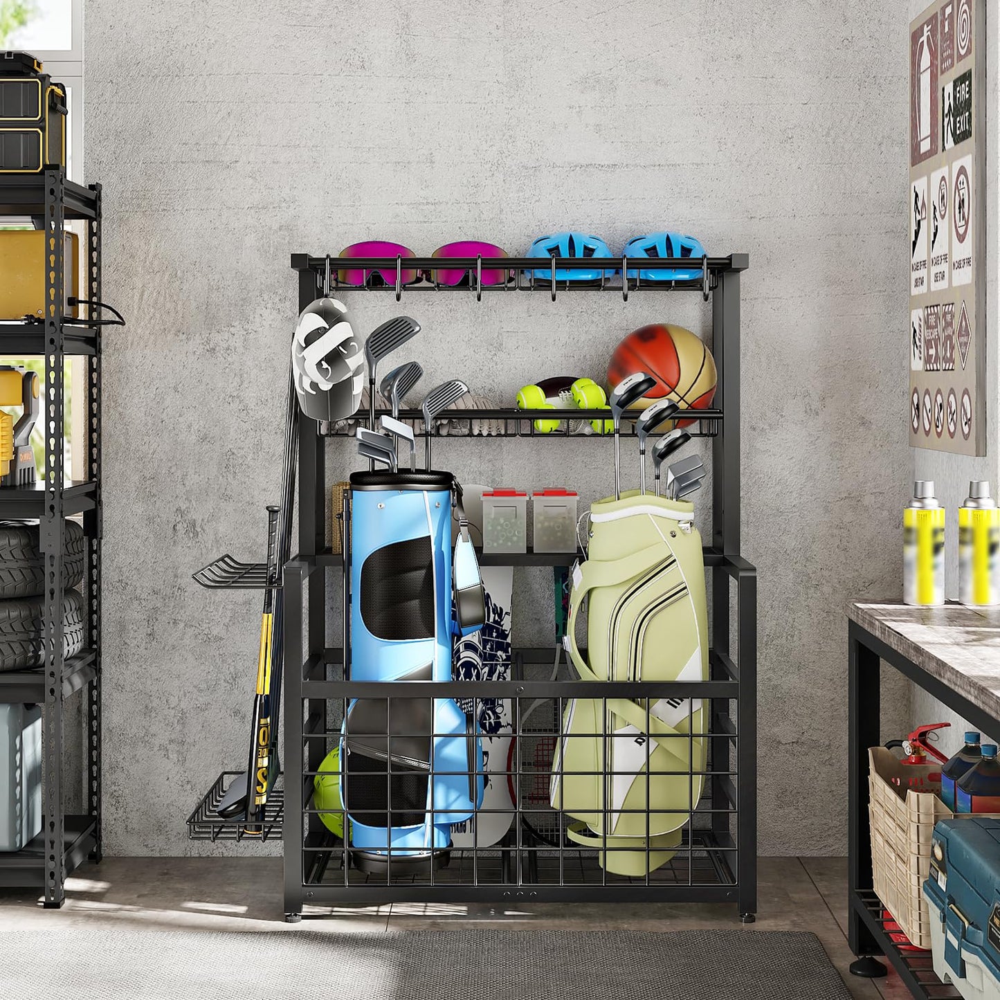 HOOBRO Sports Equipment Organizer & Ball Storage Rack with Hooks & Basket