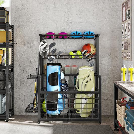 HOOBRO Sports Equipment Organizer & Ball Storage Rack with Hooks & Basket