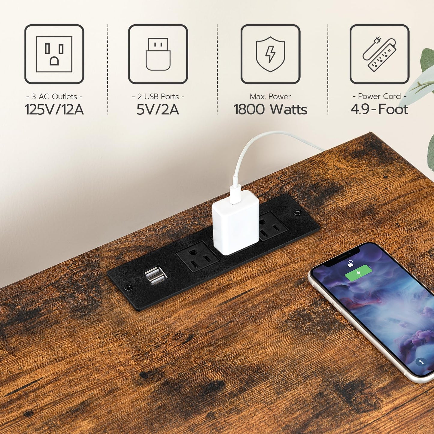 HOOBRO Vintage Brown Glass Shelf Fireplace TV Stand with Charging Station & LED Lights