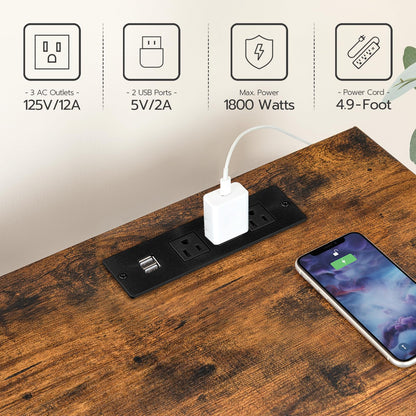 HOOBRO Vintage Brown Glass Shelf Fireplace TV Stand with Charging Station & LED Lights