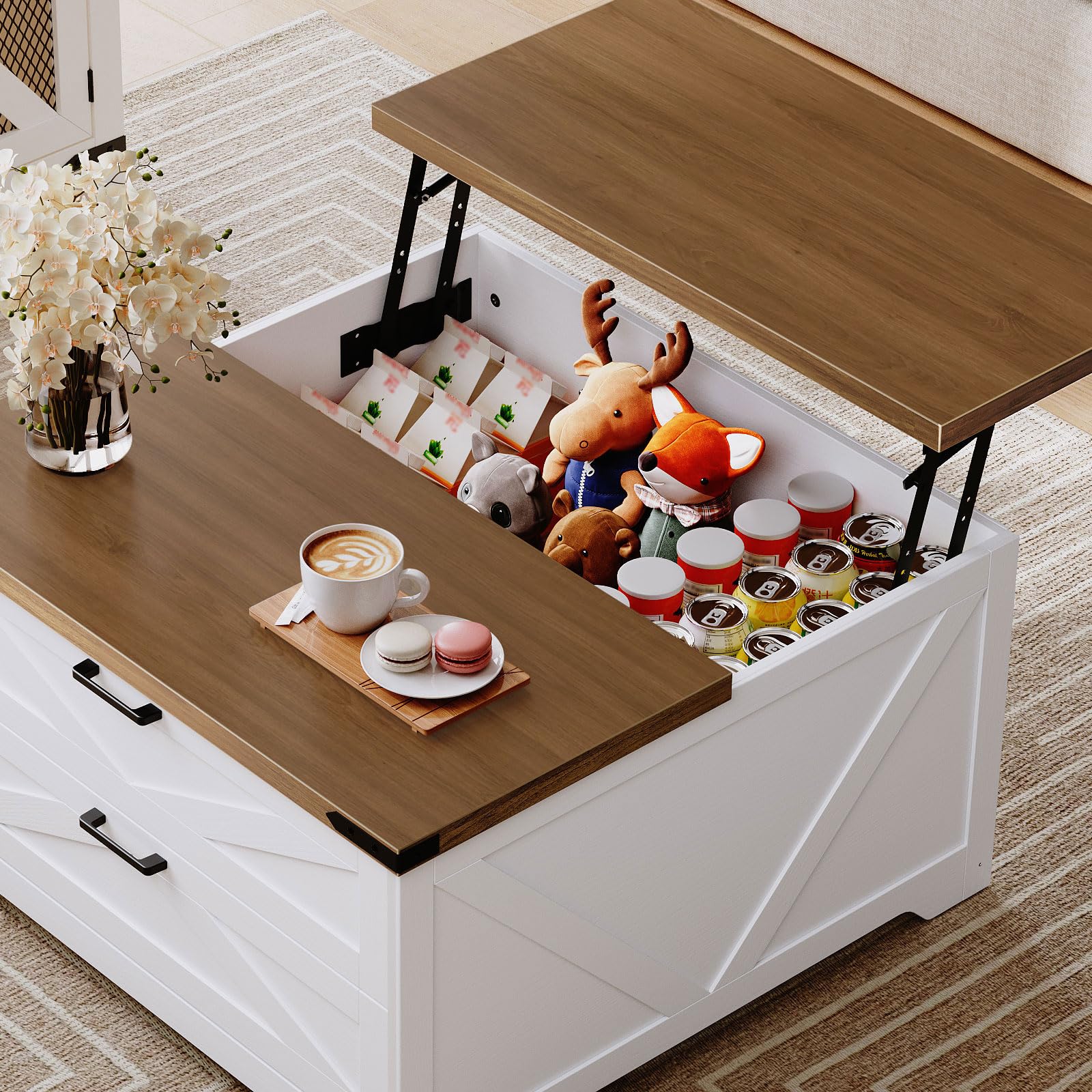 White storage bench with wooden top, coffee, cookies, and toys on a carpeted floor.