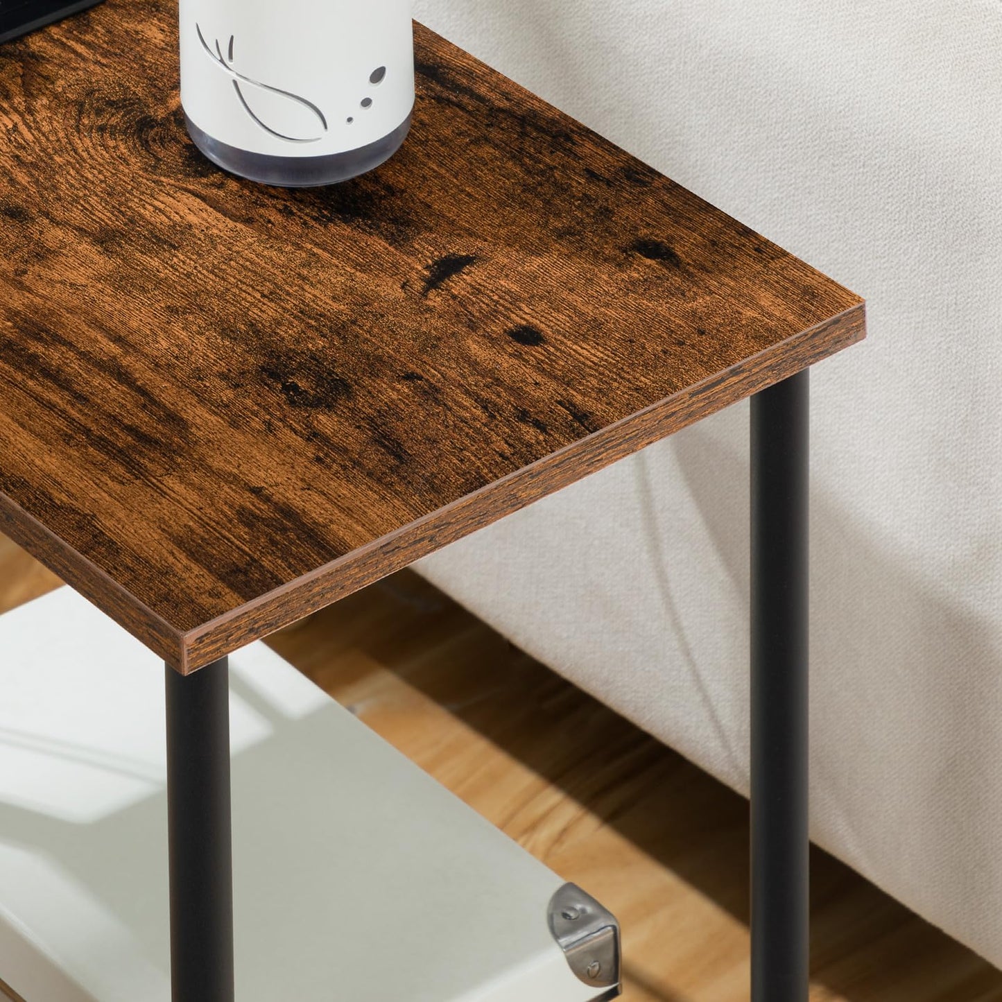 HOOBRO Retro Brown Side Table with Charging Station & USB Port & Power Outlet & Double-Layer Storage Shelf