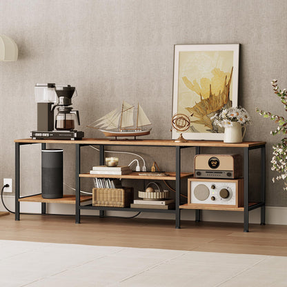 HOOBRO TV Stand with Power Outlets to 75 Inches, TV Console Table with Open Storage Shelves Cabinet, Industrial Media Entertainment Center for Living Room Bedroom, Rustic Brown and Black BF60DS01