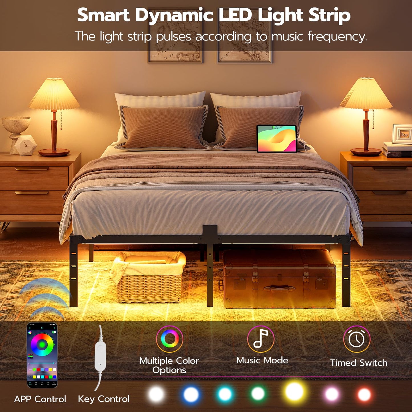HOOBRO Full Metal Bed Frame with Charging Station & LED Lights