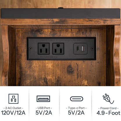 HOOBRO Retro Brown Flip-Top Narrow Side Table with USB Port/Socket/Shelf