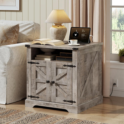 HOOBRO Farmhouse End Table with Charging Station, Large Side Table 23.6" Sofa End Table for Living Room, Barn Door, Flip Top, Wooden Square Nightstand Bedside Table, Greige