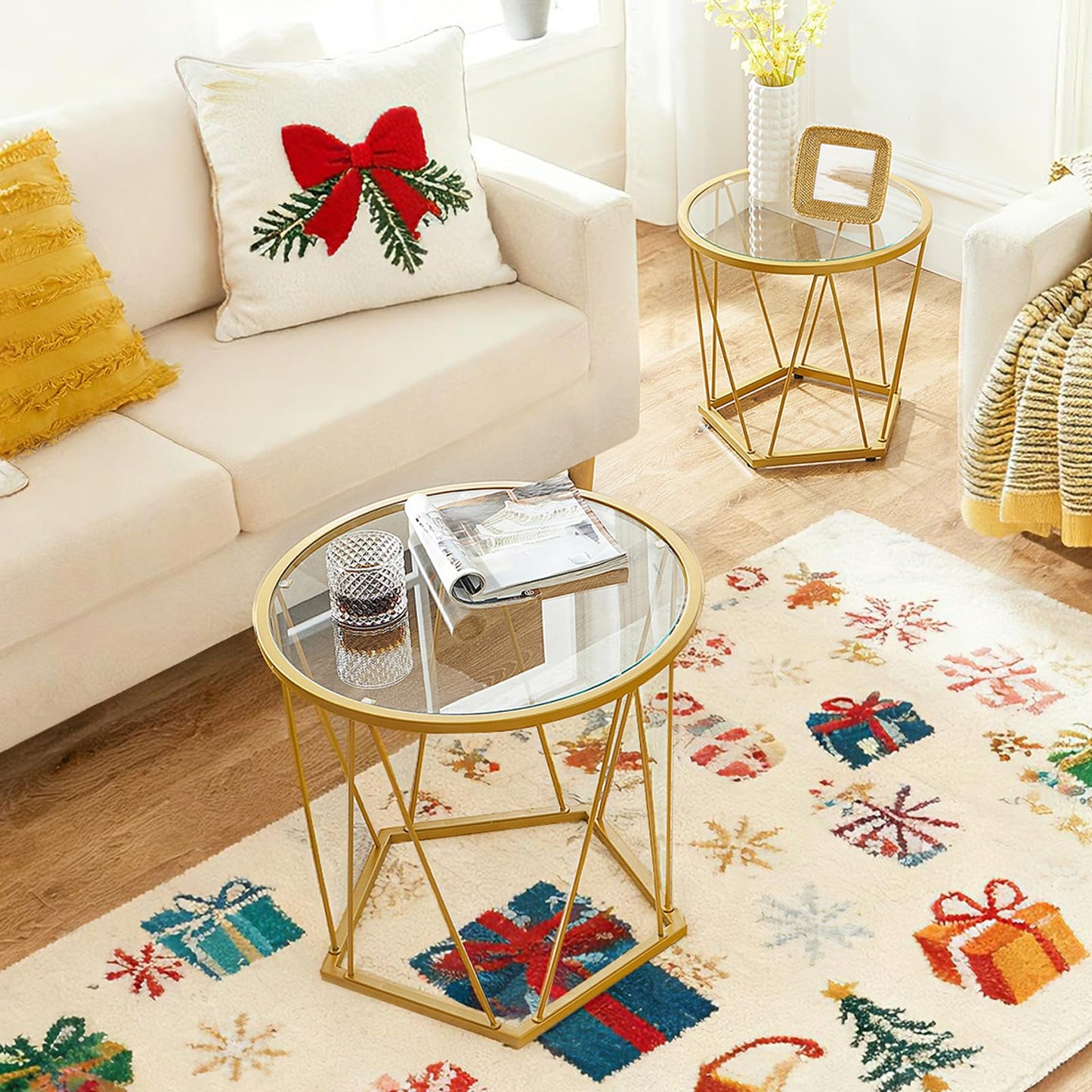 HOOBRO Modern Style Round Metal Frame Small Coffee Table Set / 2PICS