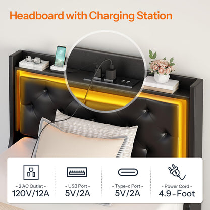 HOOBRO Full Upholstered Bed Frame with Headboard & LED Lights & Charging Station