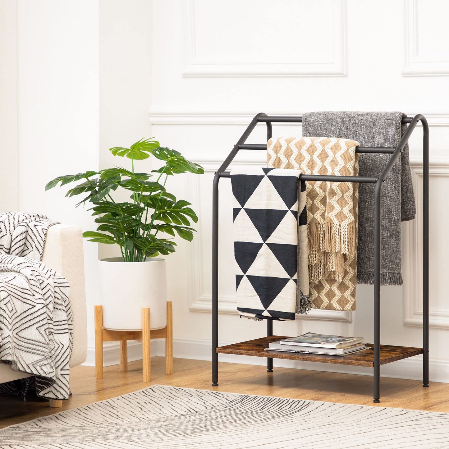 Rack with folded blankets in a living room setting