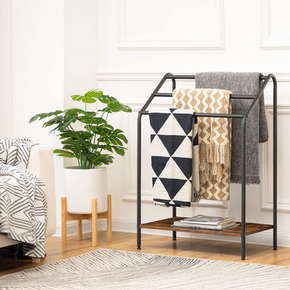 Rack with folded blankets in a living room setting