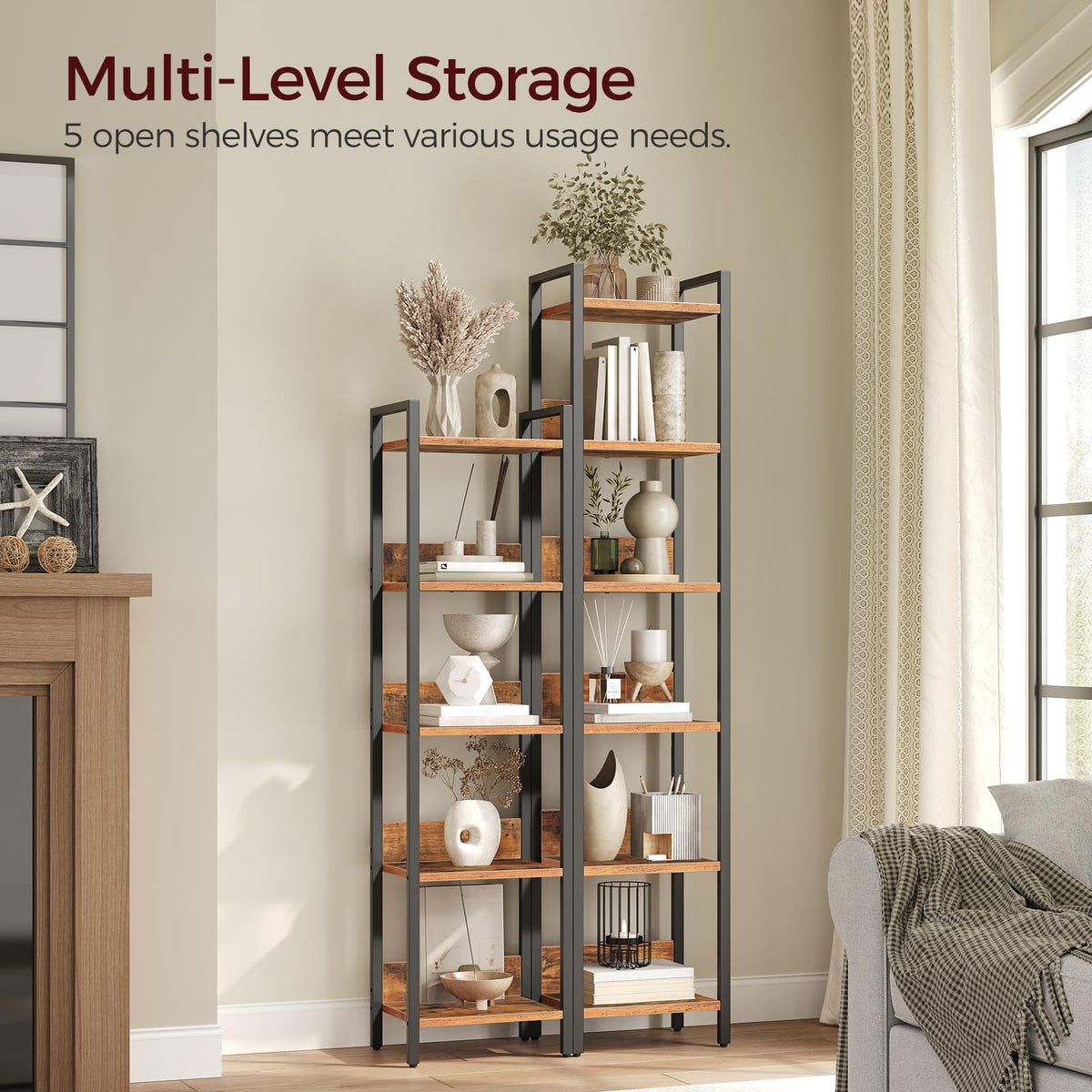HOOBRO Bookshelf, 5-Tier Bookcase, Standing Book Shelf for Small Space, Storage Shelf Organizer, Rustic Brown and Black