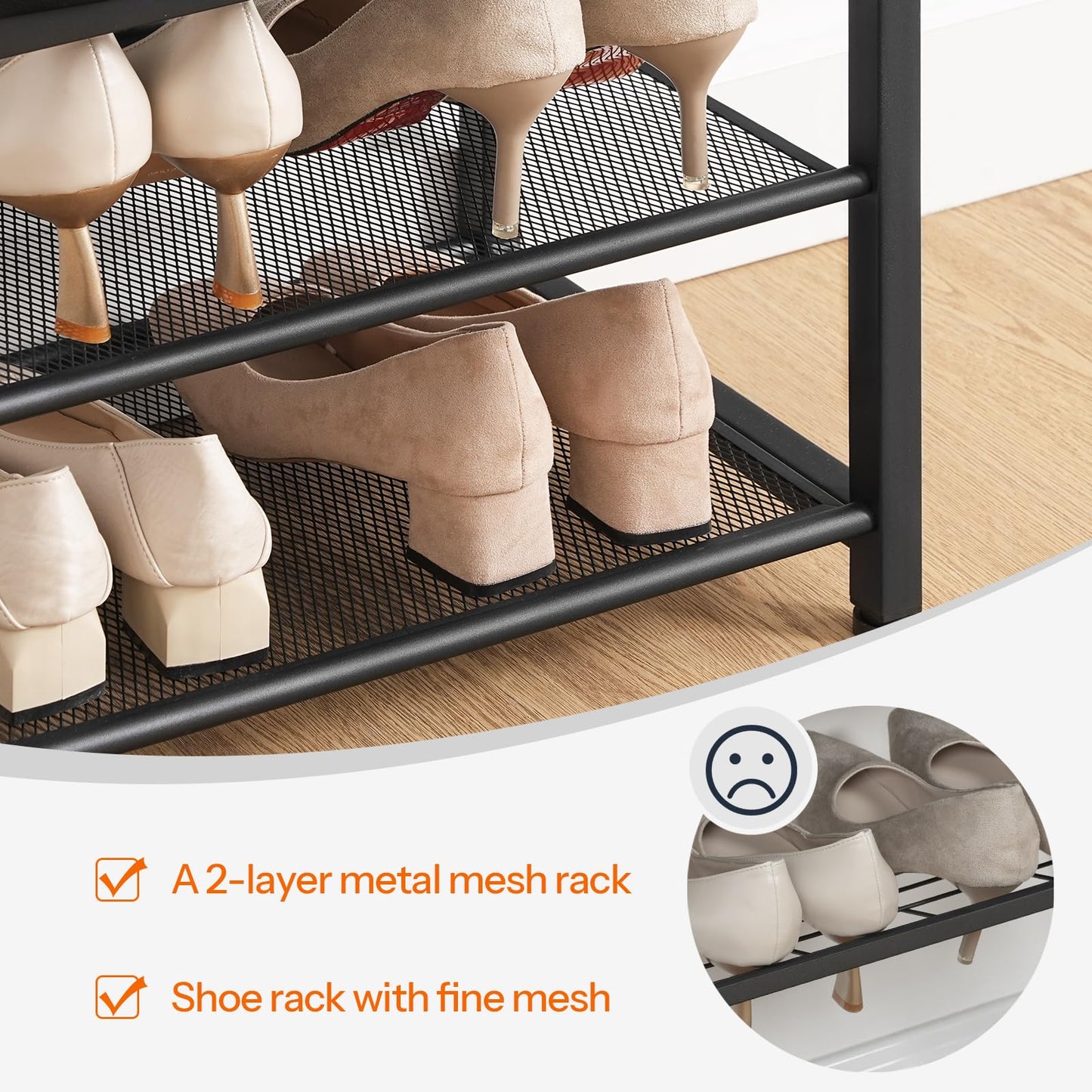 Shoe rack with metal mesh shelves holding beige shoes on a wooden floor.