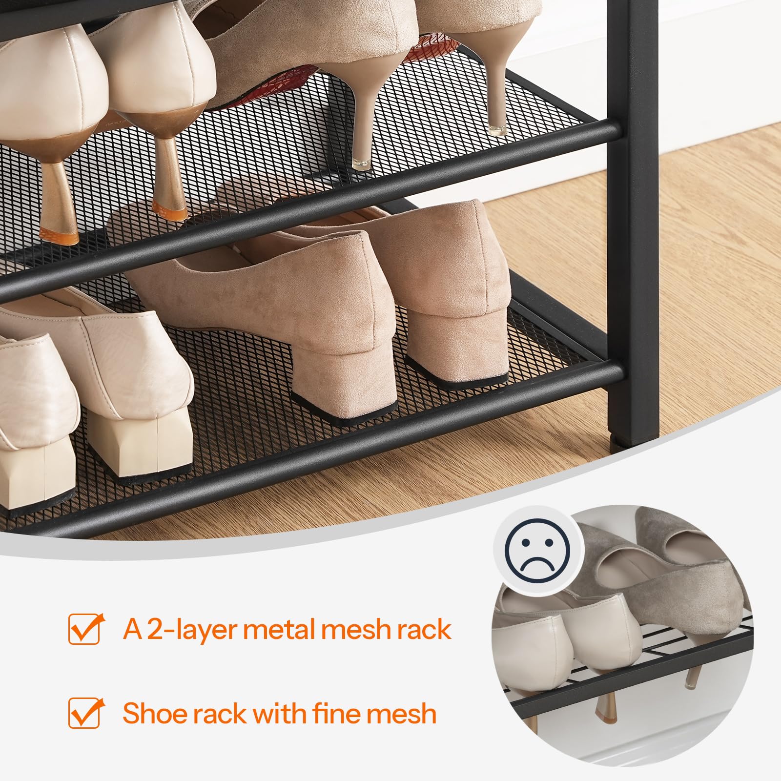 Shoe rack with metal mesh shelves holding beige shoes on a wooden floor.