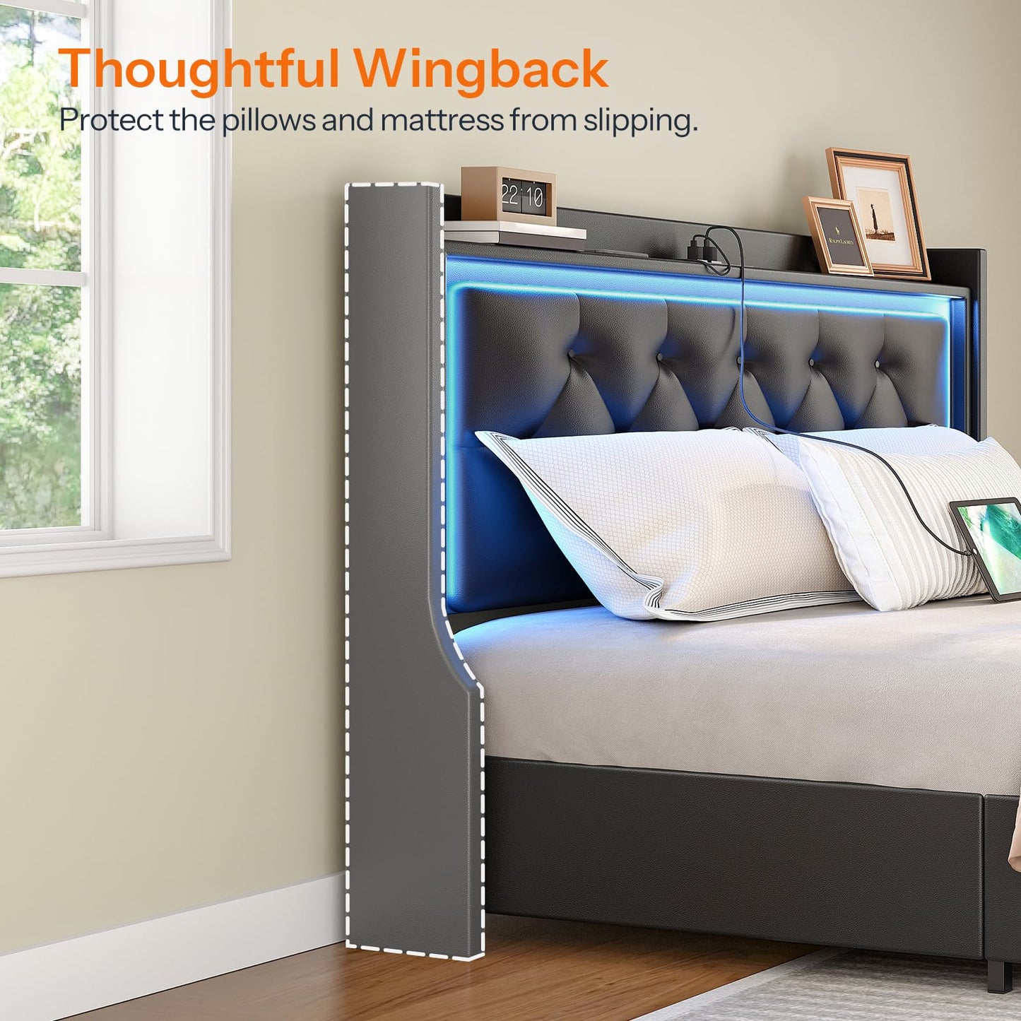 HOOBRO Full Upholstered Bed Frame with Headboard & LED Lights & Charging Station