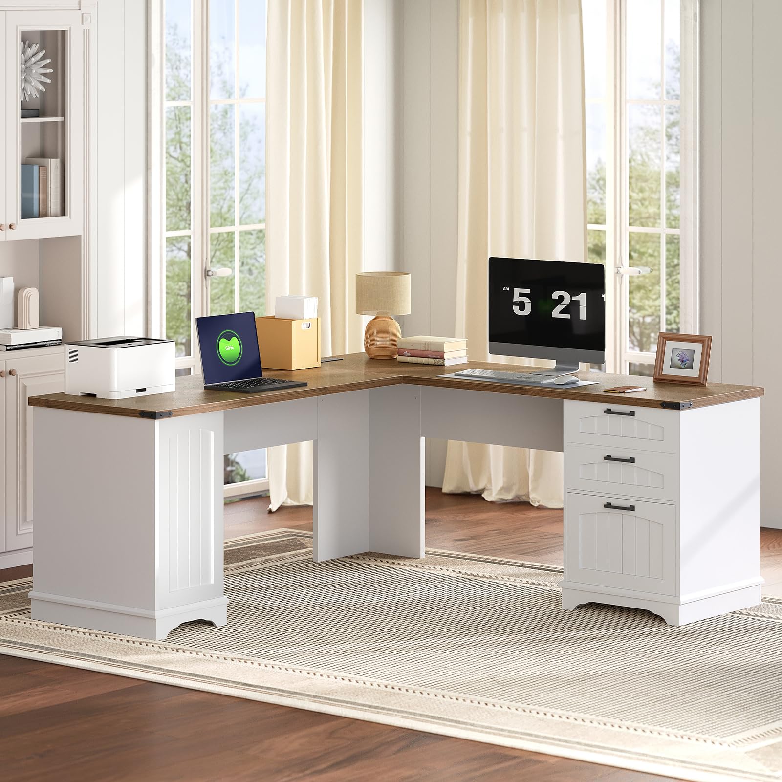 White L-shaped desk with wooden top in a room with large windows.