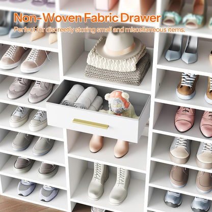HOOBRO 10-Tier Wooden Shoe Rack Organizer with Cubbies & Fabric Drawer