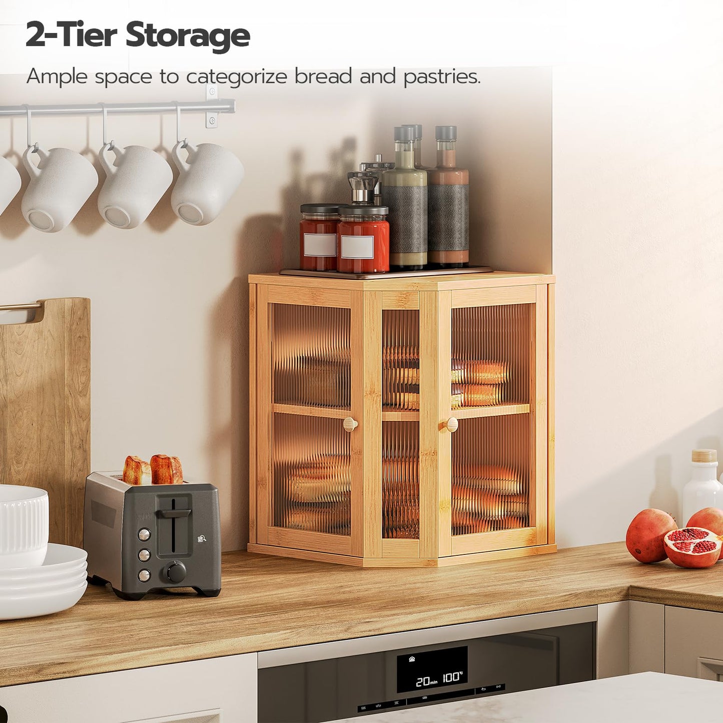HOOBRO Large Capacity Bamboo Kitchen Countertop Corner Bread Box with Double-Layer Corrugated Acrylic Door