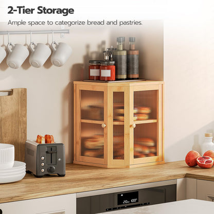 HOOBRO Large Capacity Bamboo Kitchen Countertop Corner Bread Box with Double-Layer Corrugated Acrylic Door