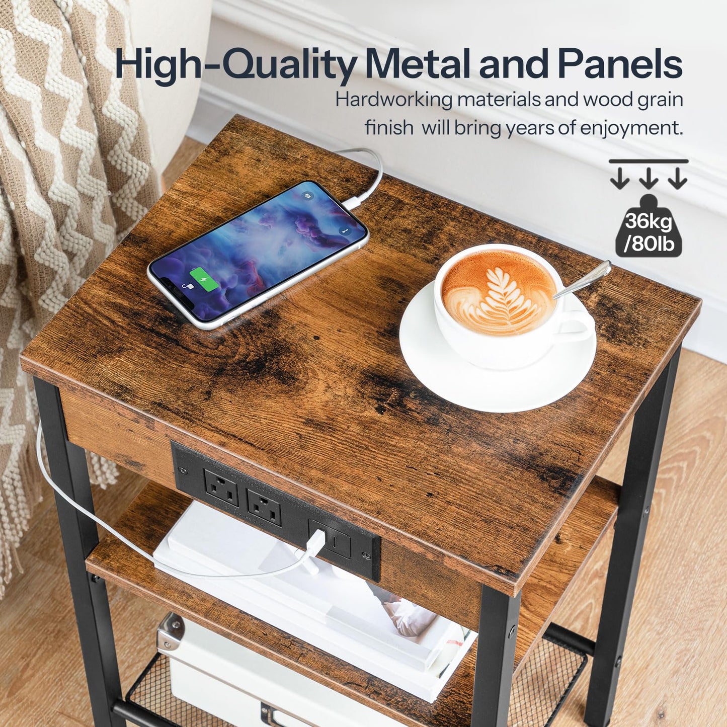 HOOBRO Retro Brown Three-Layer Adjustable Side Table with Charging Station & USB Port
