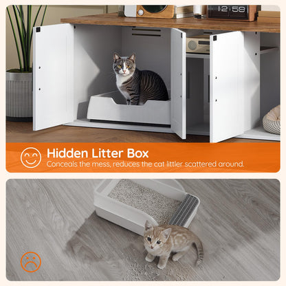 HOOBRO White Double-Layer Concealed Litter Box Cabinet with Aisle & Storage Shelves & Hooks