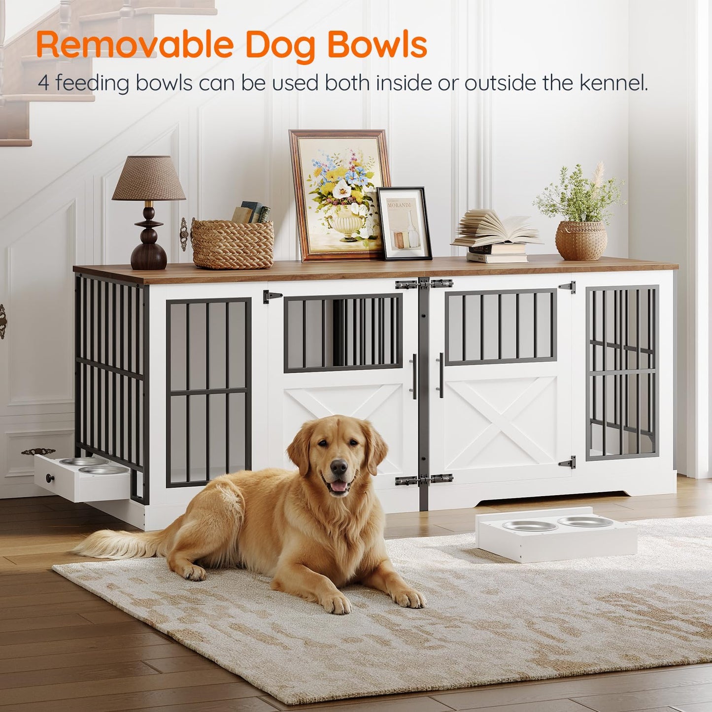 HOOBRO 71.9-inch Farmhouse Style Double Dog Cage Furniture with Removable Divider