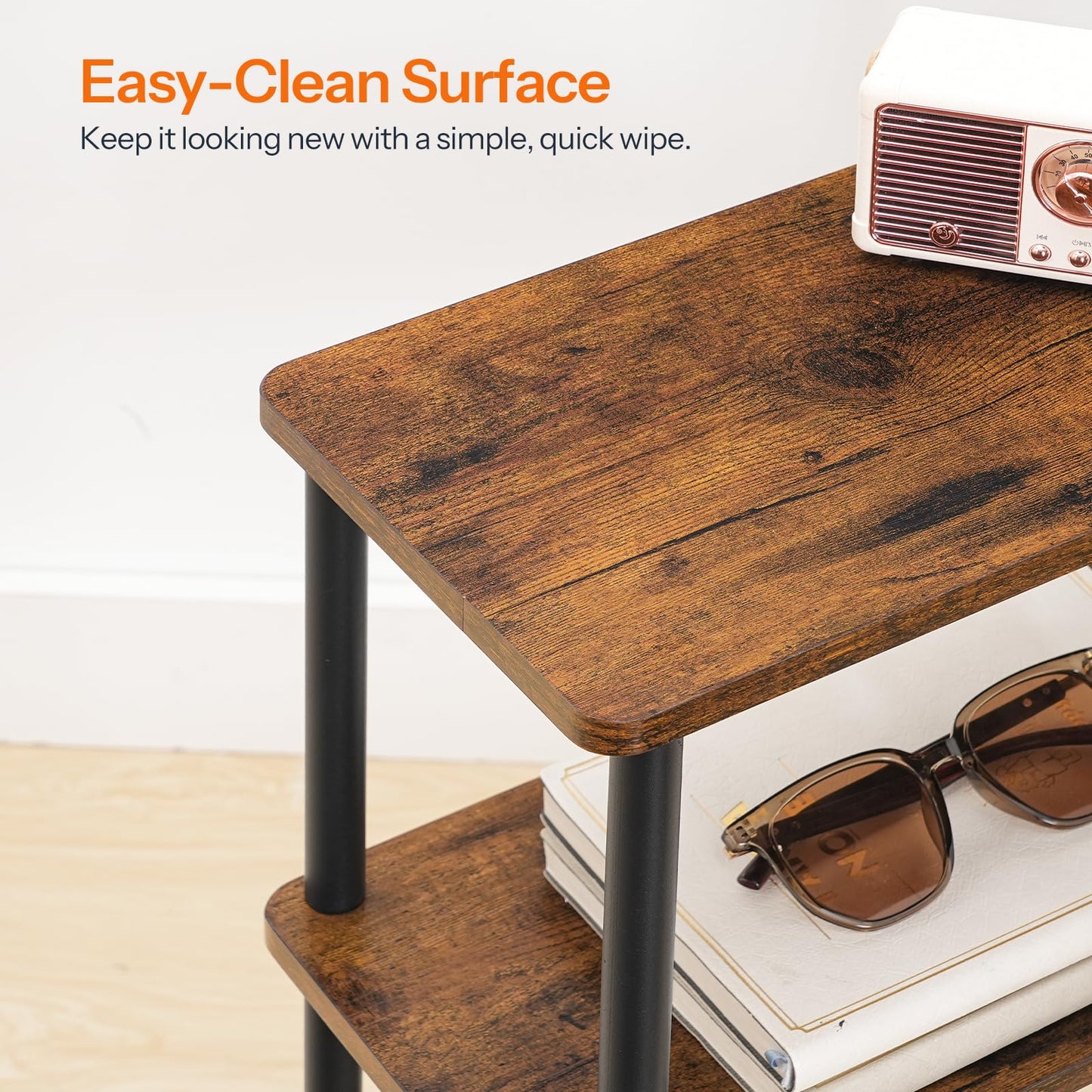 HOOBRO Brown Three-Tier Slim Narrow Side Table - Tool-Free Twist Assembly