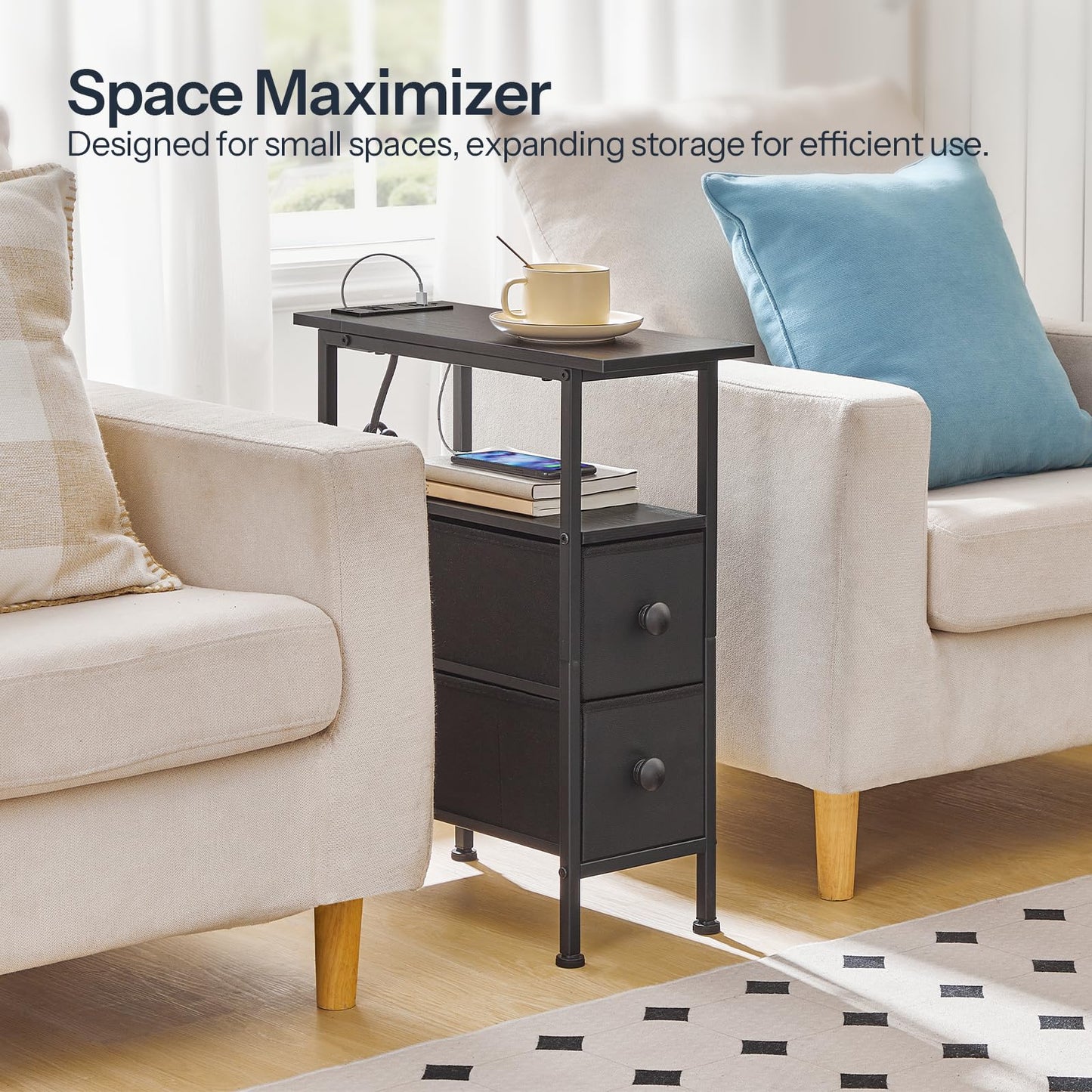 Black side table with storage drawers in a living room setting, labeled 'Space Maximizer'.