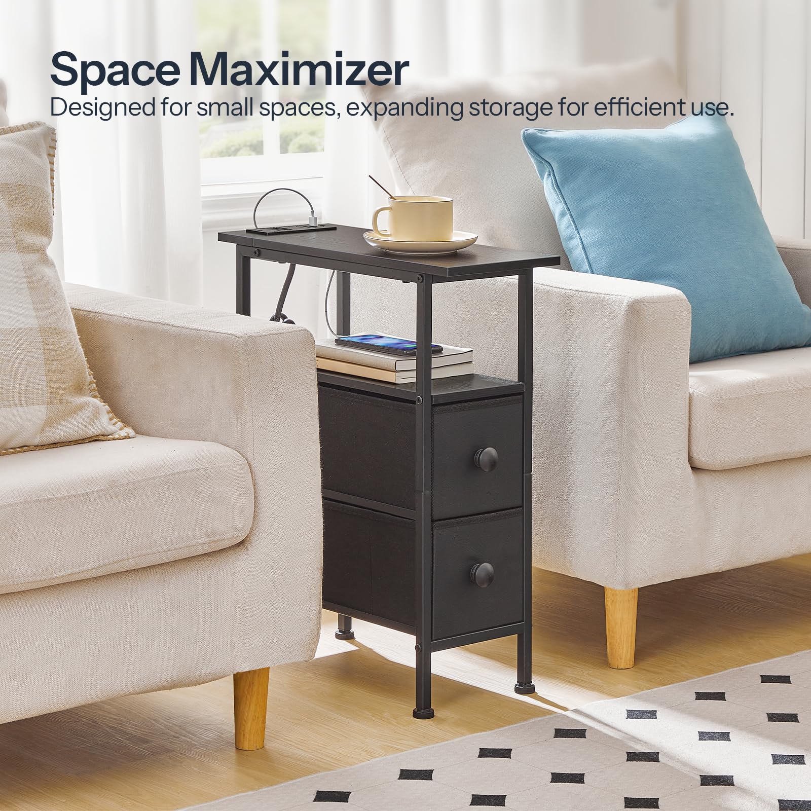 Black side table with storage drawers in a living room setting, labeled 'Space Maximizer'.