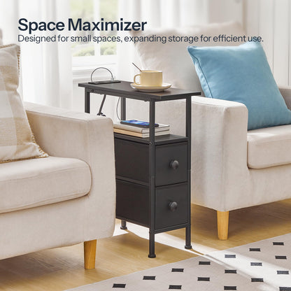 Black side table with storage drawers in a living room setting, labeled 'Space Maximizer'.