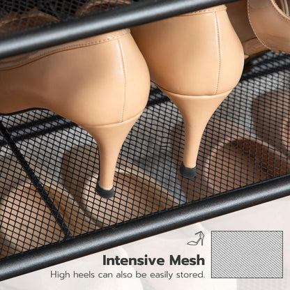 Tan high heels stored in a black mesh shoe rack.