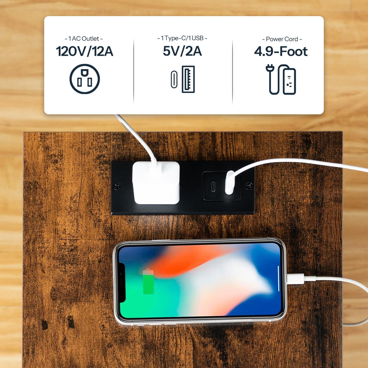 HOOBRO Retro Brown Side Table with Charging Station & USB Port & Power Outlet & Double-Layer Storage Shelf