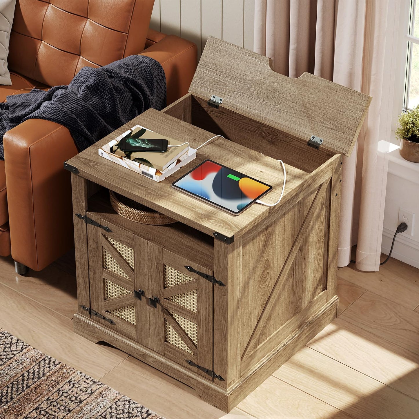 HOOBRO Farmhouse 23.6" Large End Table & Nightstand with Charging Station