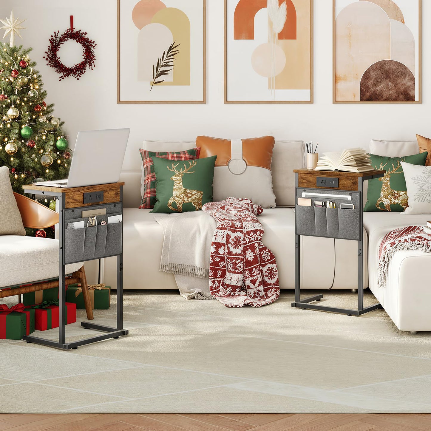 HOOBRO C Shaped End Table with Charging Station