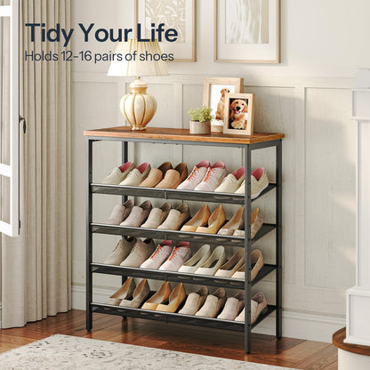 HOOBRO Retro Brown Spacious Floor-Standing 5-Tier Adjustable Mesh Shoe Rack