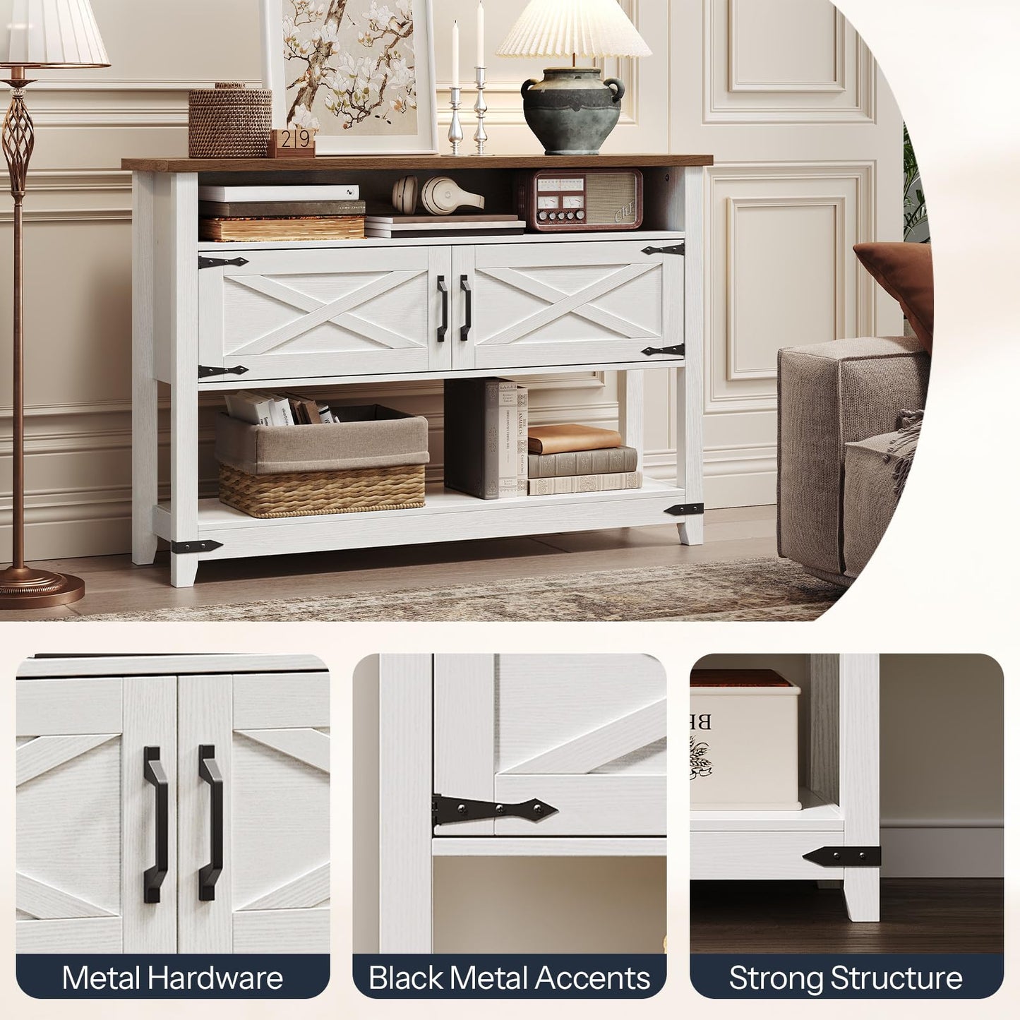 HOOBRO 47.2-inch Long Farmhouse Console Table with Storage