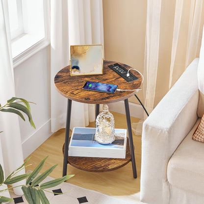 HOOBRO Retro Brown Double-Layer Round Side Table with Charging Station