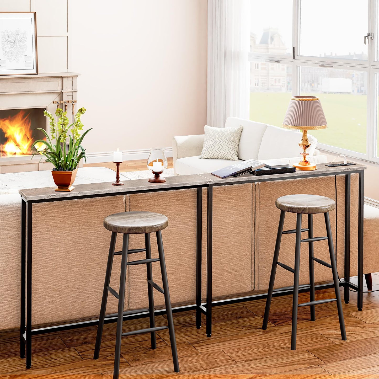 HOOBRO Greige 70.9-inch Narrow Console Table with Charging Station & Two Power Outlets & USB Port