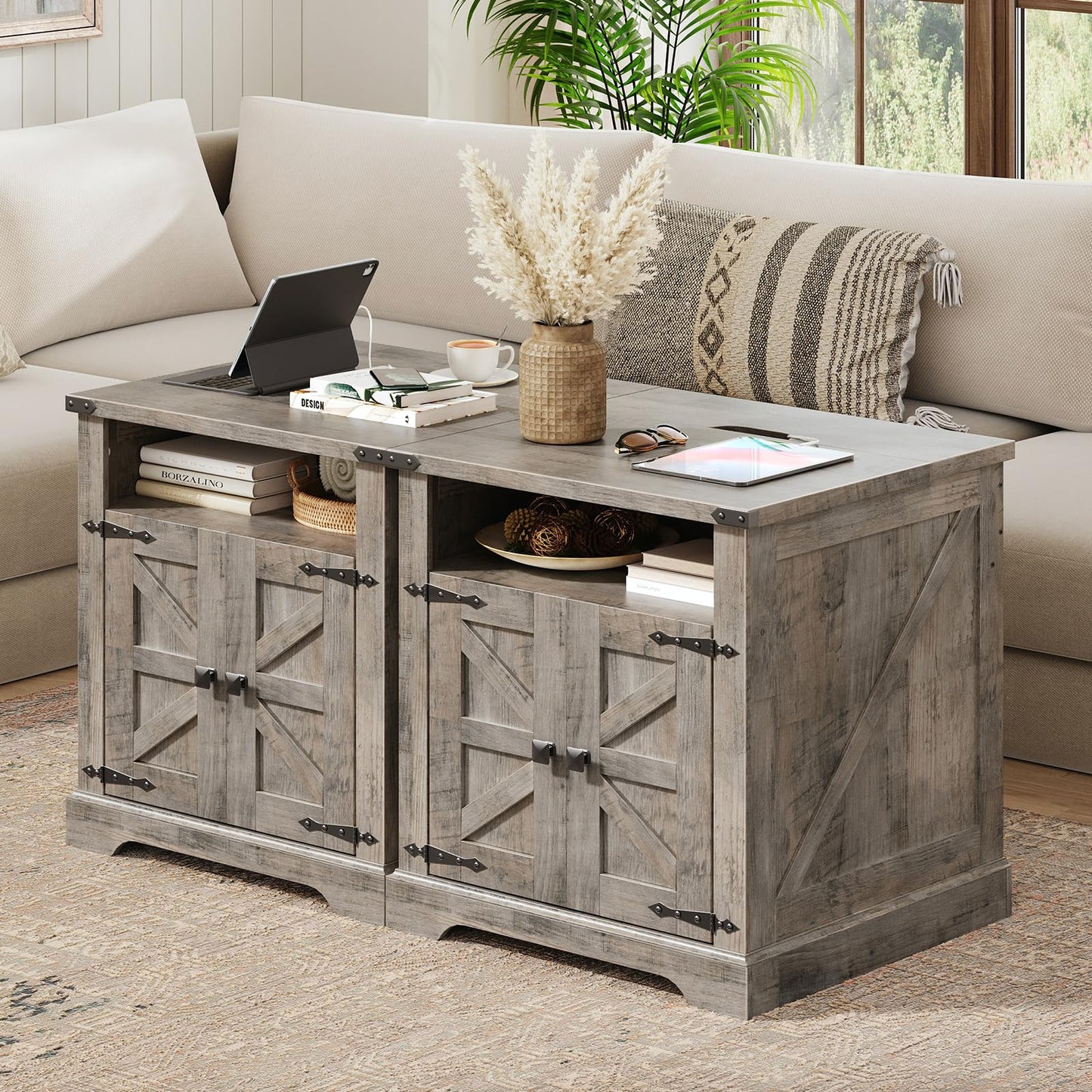 HOOBRO Greige 23.6-inch Large Wooden Square Farmhouse-Style Side Table with Charging Station