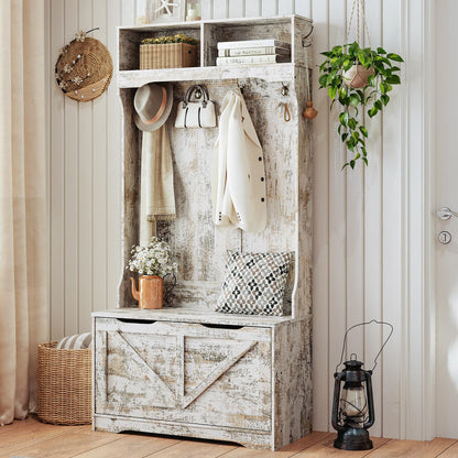 HOOBRO Vintage White Bench with Flip-Top Shoe Cabinet & Coat Rack for Entryways