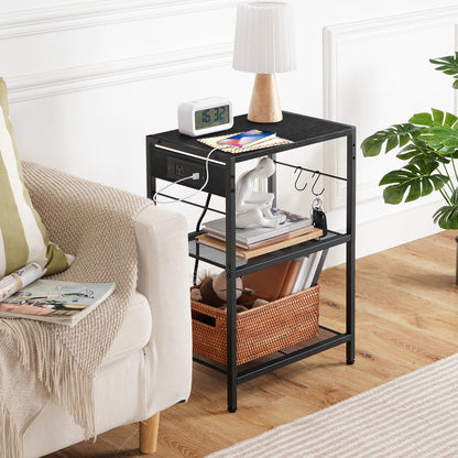 HOOBRO Black Industrial Style Three-Tier Movable Printer Stand with Wheels & Power Outlet & USB Port &2 Hooks