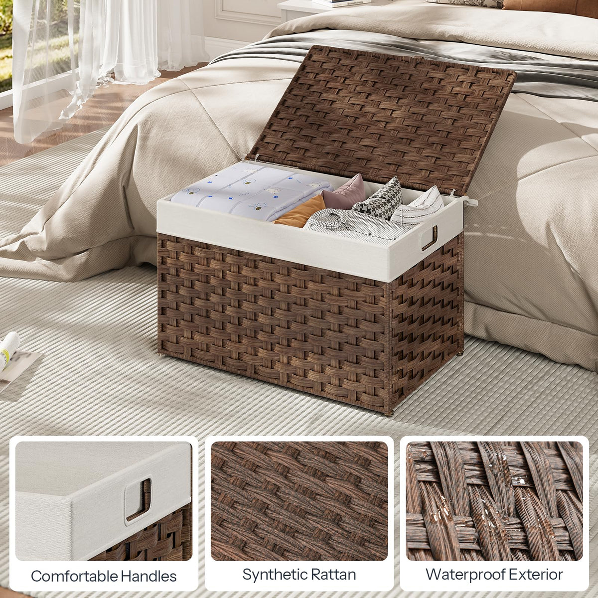 HOOBRO Storage Basket with Lid, 17.2 Gallon (65L) Wicker Basket, Handwoven Blanket Storage Basket with Handles, Metal Frame and Soft Lining, Foldable for Bedroom, Laundry Room, Brown BR265CW01