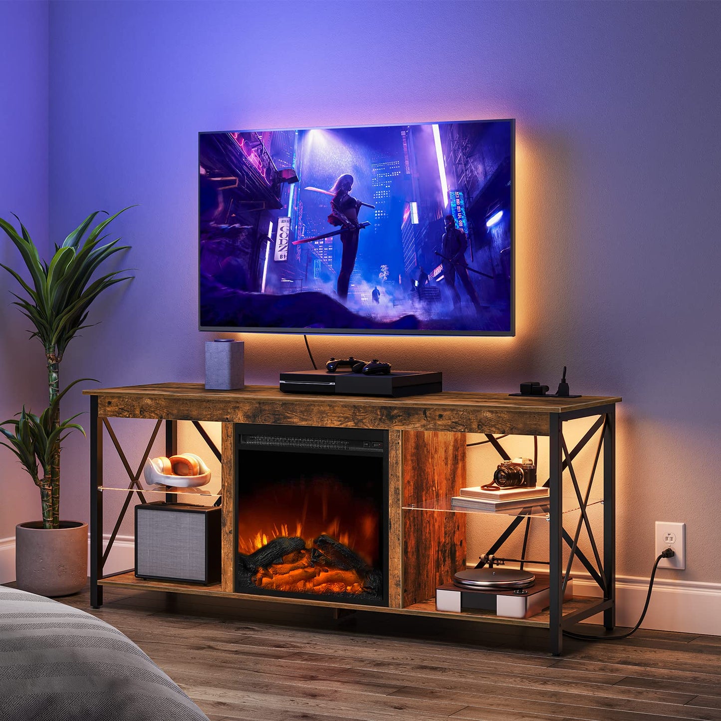 HOOBRO Vintage Brown Glass Shelf Fireplace TV Stand with Charging Station & LED Lights