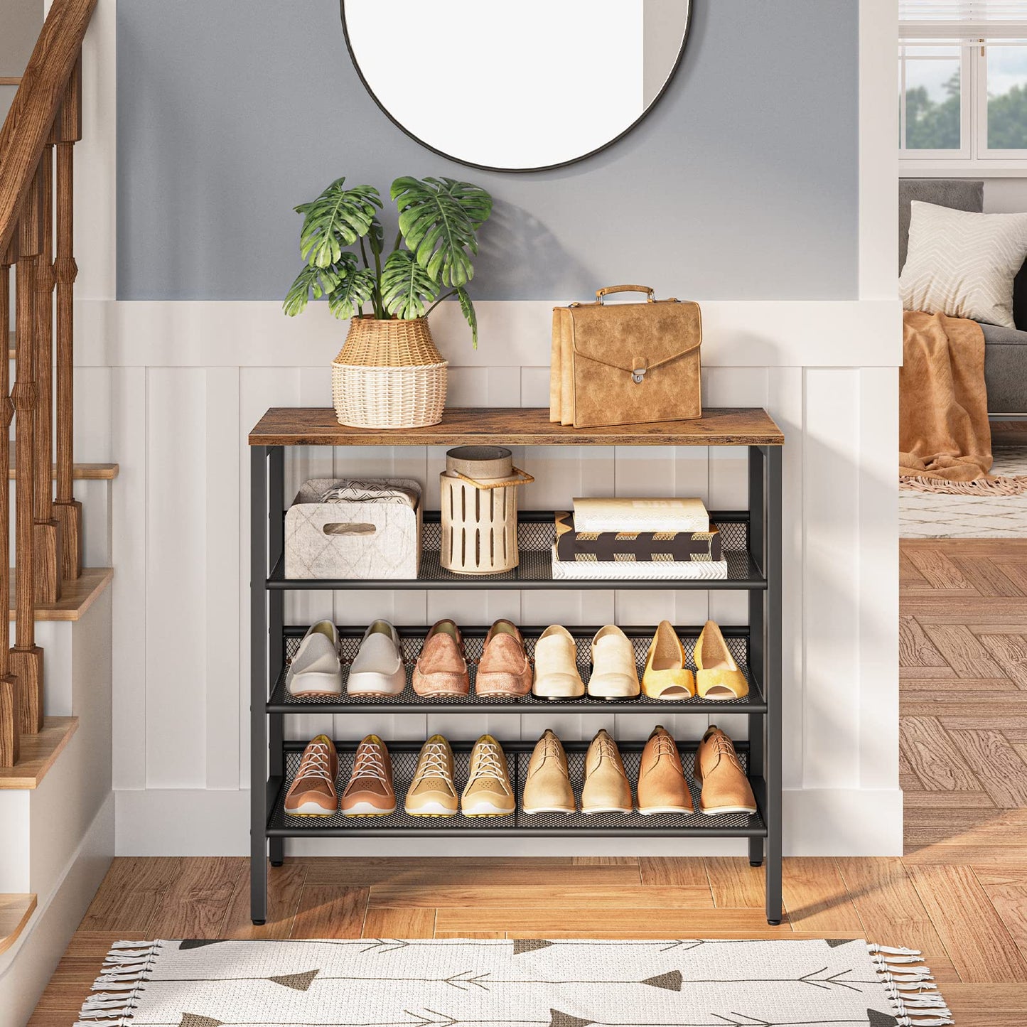Shoe rack with shoes, bags, and plants in a home setting