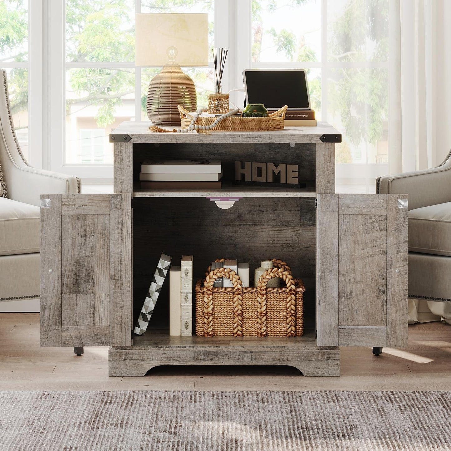 HOOBRO Greige 23.6-inch Large Wooden Square Farmhouse-Style Side Table with Charging Station