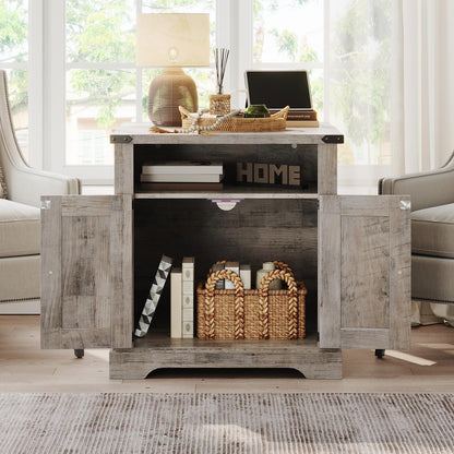 HOOBRO Greige 23.6-inch Large Wooden Square Farmhouse-Style Side Table with Charging Station