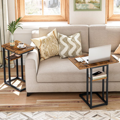 HOOBRO Foldable C Shaped End Table, C Shaped Side Table with Storage Shelf, Slide Under Couch Table for Sofa, Small Spaces, for Living Room, Bedroom, Easy Assembly, Rustic Brown BF29SF01