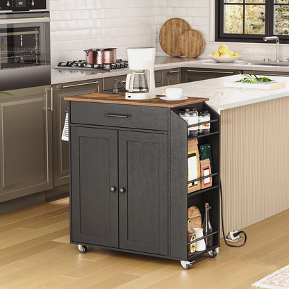 HOOBRO Retro Brown Movable Kitchen Island with Power Outlet & Shelves & Drawers & Wheels