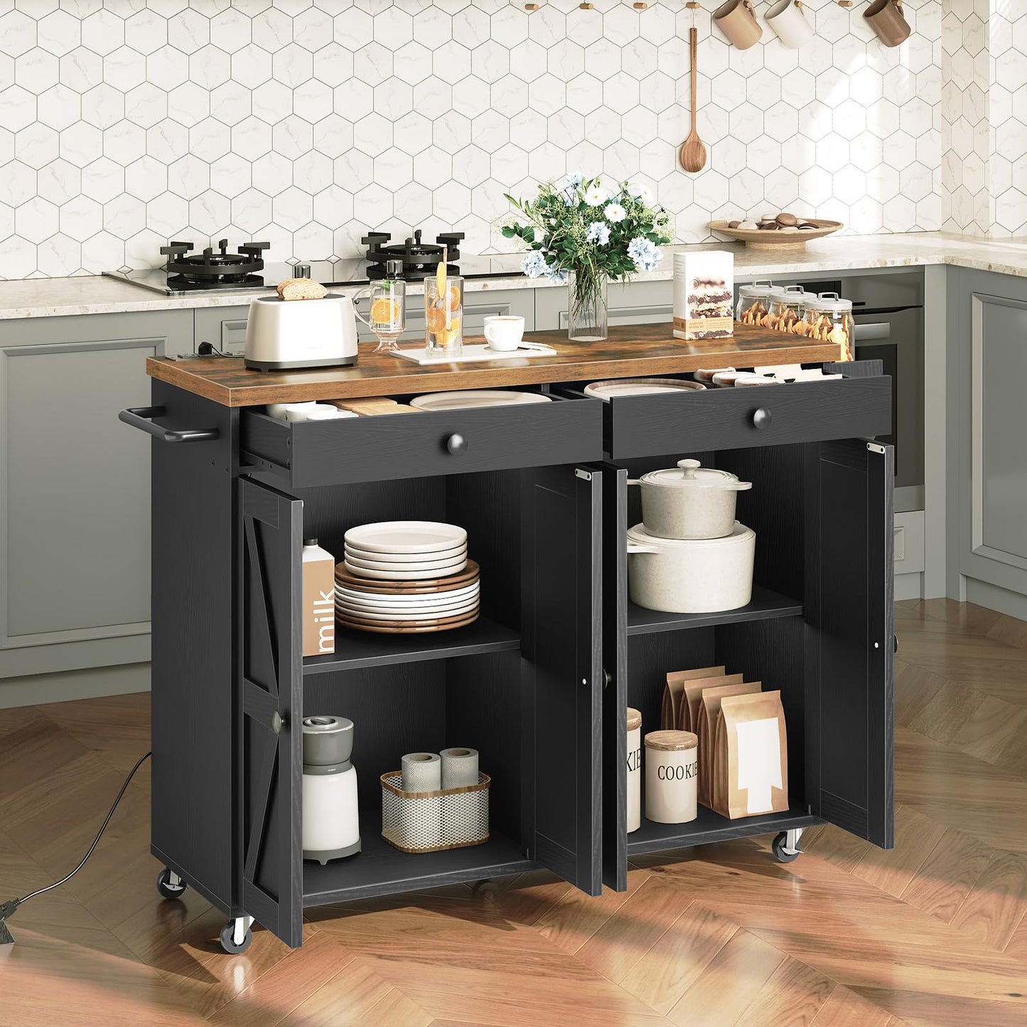 HOOBRO 43.3-inch Rolling Kitchen Island with Power Outlet
