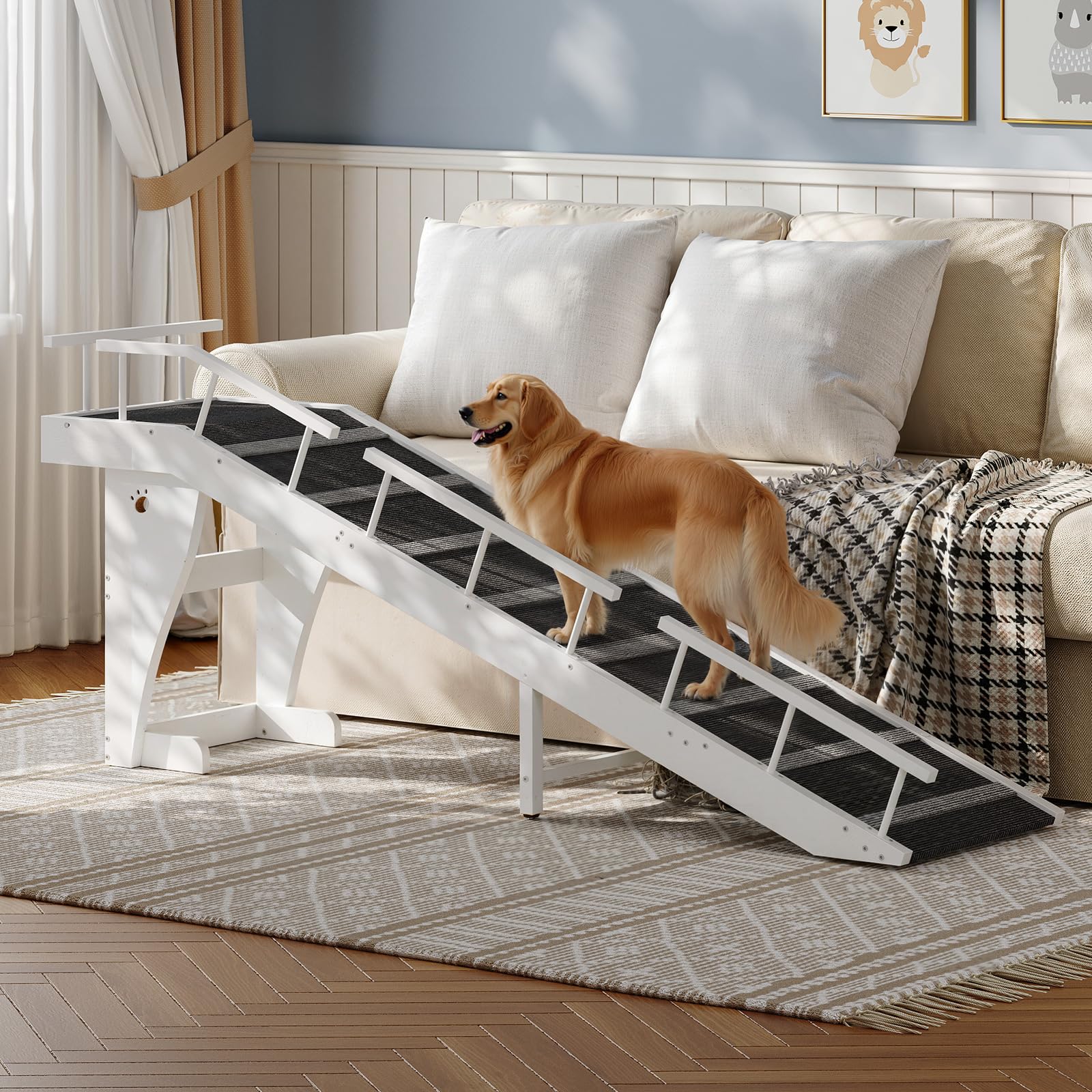 Dog using a white pet ramp in a living room setting.